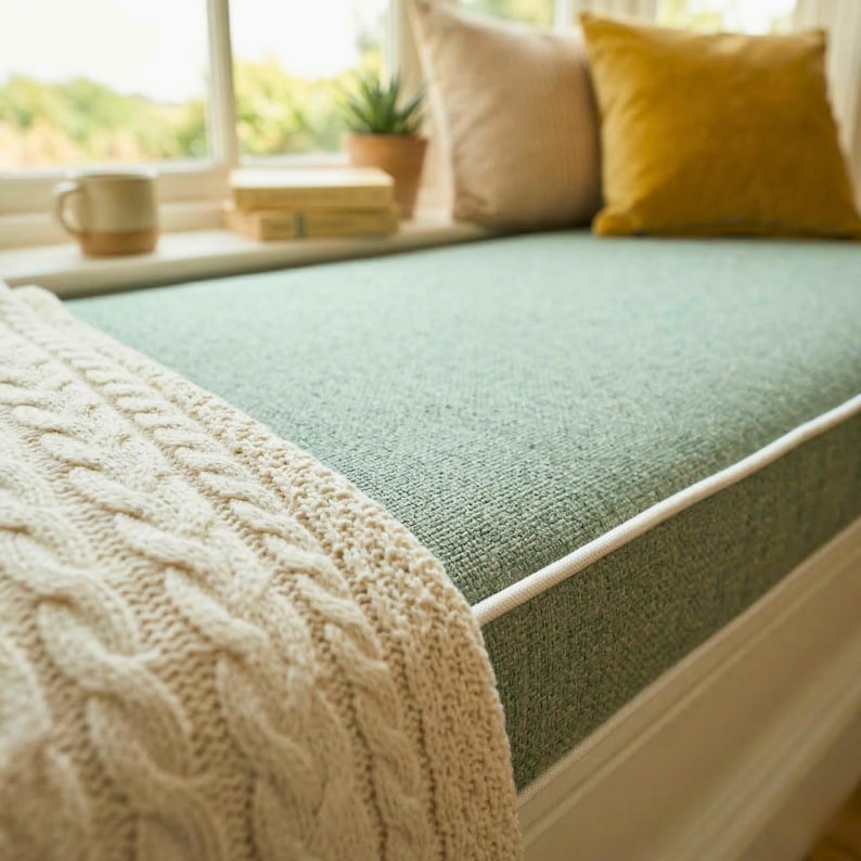 May include: A light green window seat with white trim, a cream cable-knit blanket, and two pillows. One pillow is tan, the other yellow. A mug, books, and a potted plant sit on the windowsill, creating a relaxing space.