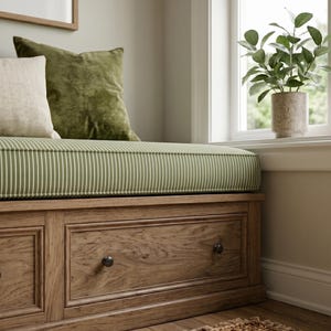 May include: A wooden storage bench with two drawers featuring dark metal knobs, topped with a green and white striped cushion, a solid green velvet pillow, and a cream-coloured textured pillow, positioned near a window with a potted plant.