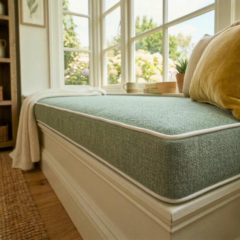 May include: A window seat with a sage green cushion and white piping. The seat is built into a window frame overlooking a garden. A cream-colored throw blanket is draped over the seat. The cushion is approximately 150 cm long.