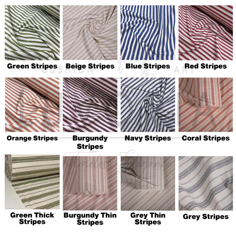 May include: A collection of twelve fabric swatches featuring various striped patterns in colors including green, beige, blue, red, orange, burgundy, navy, coral, and grey. The textiles display different stripe widths and orientations.