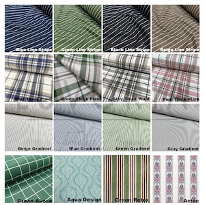 May include: A selection of fabric samples showcasing diverse patterns. The samples include striped fabrics in blue, green, black, and beige, plaid patterns in blue, green, grey, and pink, and gradient stripes in beige, blue, green, and grey. Other designs include a green grid, aqua design, green retro stripes, and an Aztec pattern.