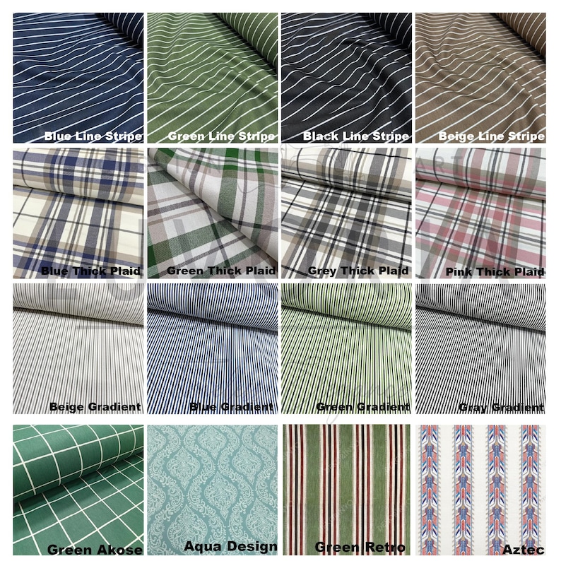May include: A selection of fabric samples showcasing diverse patterns. The samples include striped fabrics in blue, green, black, and beige, plaid patterns in blue, green, grey, and pink, and gradient stripes in beige, blue, green, and grey. Other designs include a green grid, aqua design, green retro stripes, and an Aztec pattern.