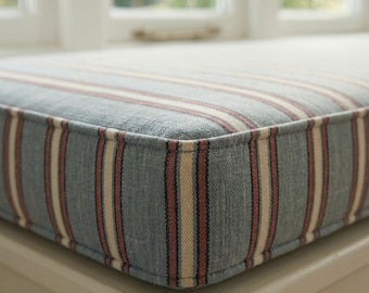 Custom Bench Cushion 3 Inch Thick, Blue Striped Linen Bench Cushion, Window Seat Cushion, Farmhouse Bench Seat Pad