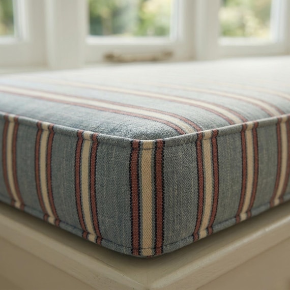 Custom Bench Cushion 3 Inch Thick, Blue Striped Linen Bench Cushion, Window Seat Cushion, Farmhouse Bench Seat Pad