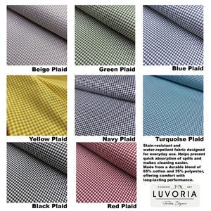 May include: A collection of eight fabric swatches featuring a small-scale gingham plaid pattern in beige, green, blue, yellow, navy, turquoise, black, and red. The text states: Stain-resistant and water-repellent fabric designed for everyday use.