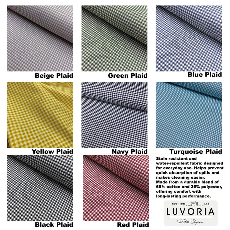 May include: A collection of eight fabric swatches featuring a small-scale gingham plaid pattern in beige, green, blue, yellow, navy, turquoise, black, and red. The text states: Stain-resistant and water-repellent fabric designed for everyday use.