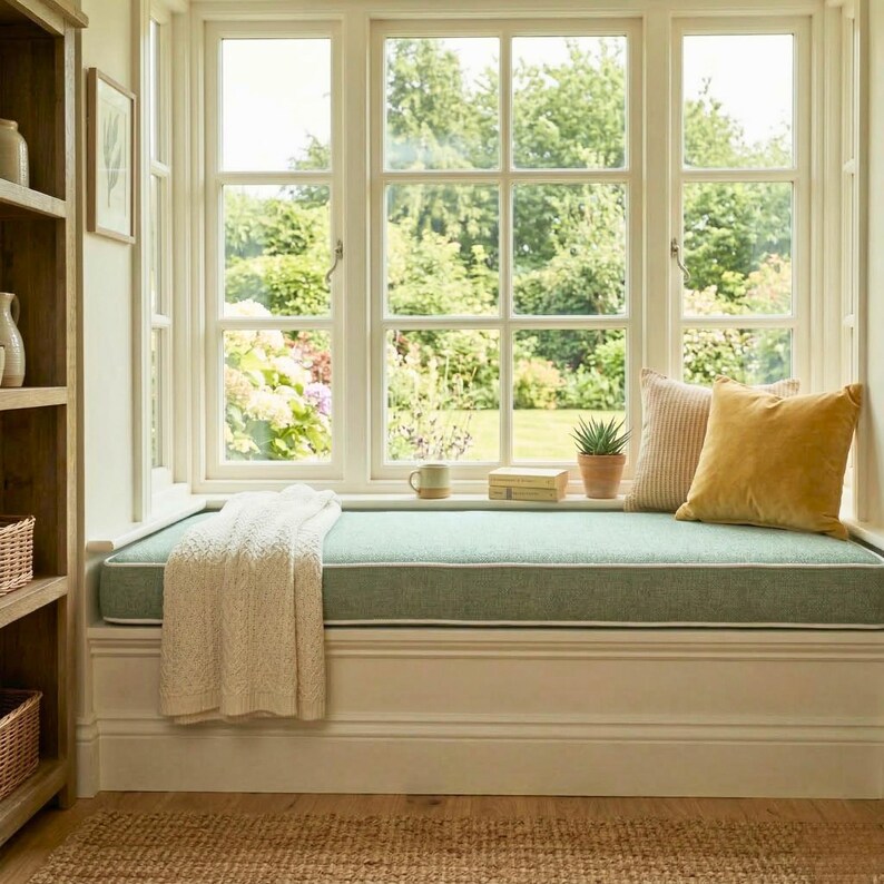 May include: A window seat with a light green cushion and white trim. A cream-coloured throw blanket is draped over the seat. Two pillows, one striped and one mustard yellow, rest against the window. A small potted plant and a mug are on the seat.