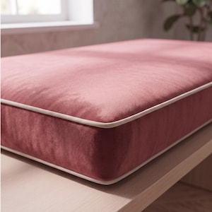 Dusty Rose sammetsbänkdyna, specialdesignad fönsterdyna, måttbeställd inomhusbankdyna med kontrasterande kantband