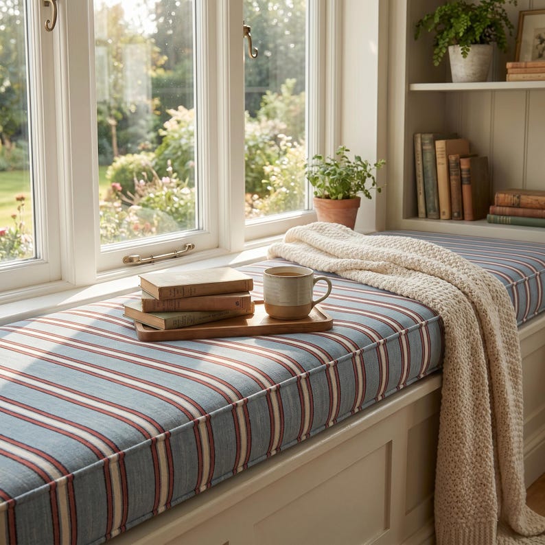 May include: A window seat cushion featuring a blue, red, and white striped pattern. The cushion is topped with a wooden tray holding three stacked hardcover books and a two-toned ceramic mug, with a cream-colored knit throw blanket draped over the side.
