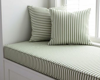 Custom 2" Green Striped Linen Bench Cushion with Foam, Farmhouse Window Seat Pad, Zippered Banquette Cushion