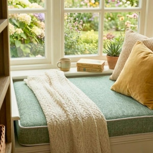 May include: A window seat with a light green cushion, a cream knitted throw, and two pillows. A mug and two books sit on the windowsill, with a garden view. The scene evokes comfort and relaxation.