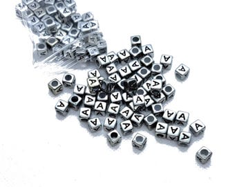 50, 100, 500pcs 6mm cube silver single A-Z & mixed letters Acrylic Alphabet Beads for DIY Jewellery Making and Handcraft