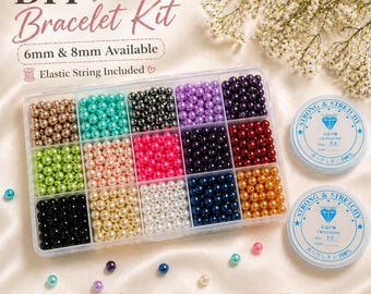 Glass Pearl Beads Bracelet making Kit, 6mm, 8mm with Elastic Cordes - DIY Jewellery Making