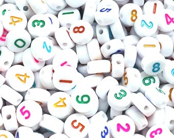 7mm Number Beads - White Acrylic Beads with Colourful Numbers for Jewellery Making, DIY Craft