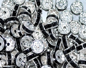 100pcs 6, 8 mm Black Rhinestone Rondelle Spacer Beads  for DIY Handcraft or Jewellery Making