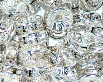 100 cuentas espaciadoras redondas de diamantes de imitación transparentes de plata, 6 mm, 8 mm, 10 mm, para fabricación de joyas