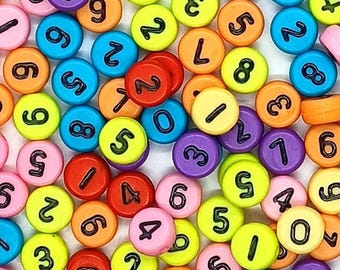 100, 500, 1000pcs 7x4mm Flat Round Solid Multicoloured mixed 0-9 Acrylic Numbers Beads for DIY Jewellery Making and Handcraft