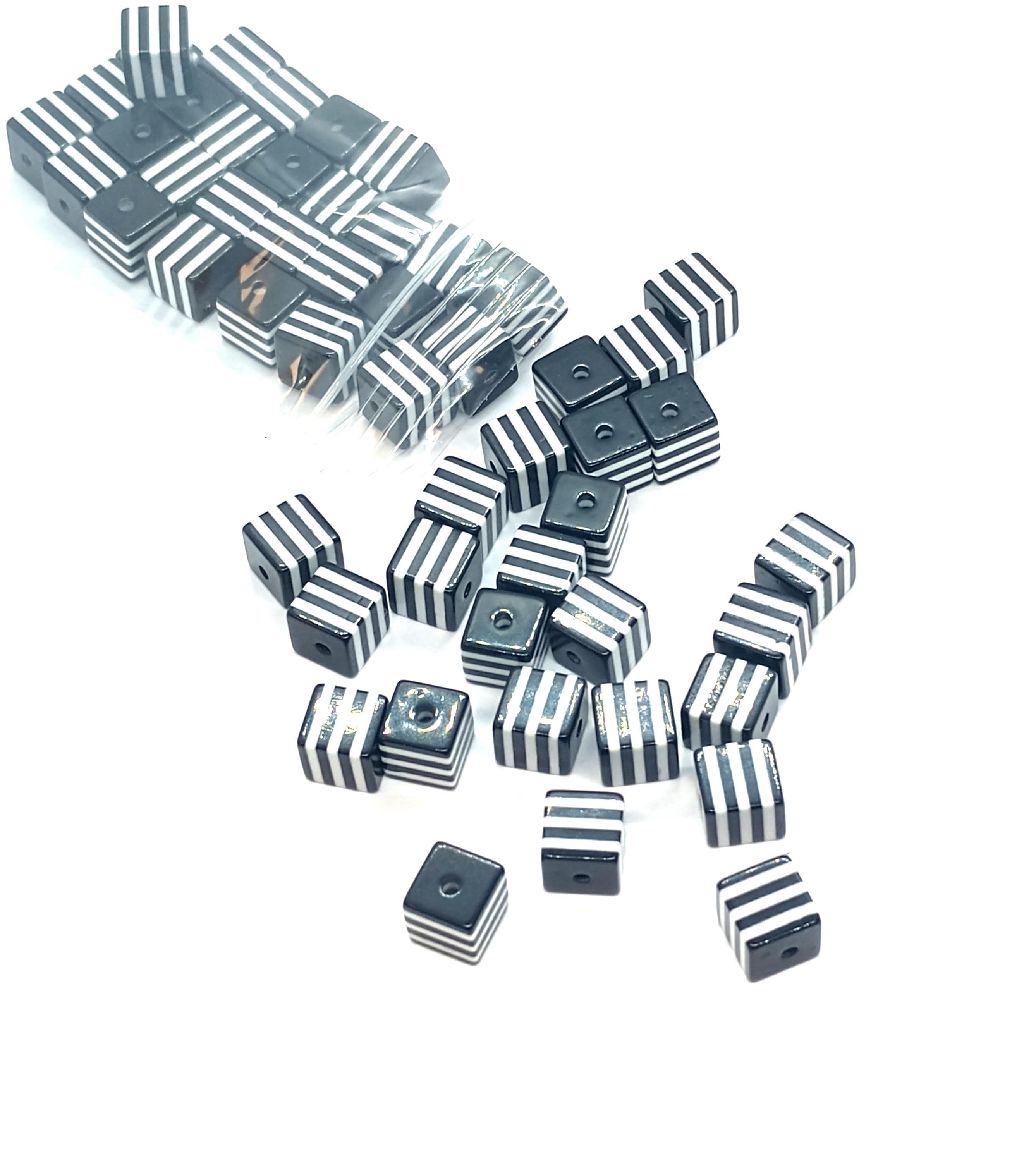 30 Perles Cubes En Résine Rayées - 8x8 Mm - Couleurs Assorties - Pour Création De Bijoux