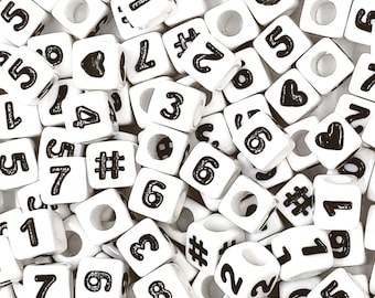 7mm White Cube Acrylic Number Beads, Mixed Numbers 0-9, DIY Jewellery Making and Handcraft