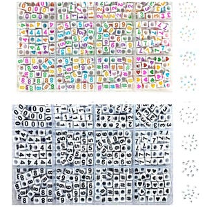 May include: Two plastic storage containers filled with small, white, square beads. The beads are printed with numbers, symbols, and hearts in various colors. Ideal for jewelry making and crafts.