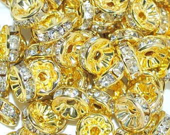 100pcs Gold Clear Rhinestone Rondelle Spacer Beads 6mm, 8 mm  for Jewellery Making