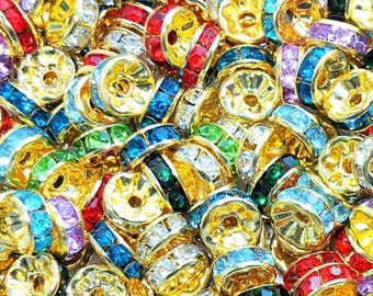 100pcs 8mm Gold Multicoloured Rhinestone Rondelle Spacer Beads  for DIY Handcraft or Jewellery Making