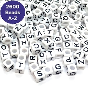 May include: A collection of white, square alphabet beads with black letters. The image includes a blue circle with the text "2600 Beads A-Z". These beads are ideal for crafting and jewelry making.