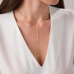 Cross Lariat Necklace, Dainty Cross Y Necklace, Gold Cross Necklace, Minimalist Cross Drop Necklace, Christmas Gift, 925 Sterling Silver...