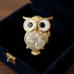 Könnte beinhalten: Goldfarbene Eulenbrosche mit einem großen, facettierten, klaren Edelsteinkörper. Die Eule hat weiße Emaille-Augen mit schwarzen Pupillen. Die Brosche wird in einer dunkelblauen Samt-Schmuckschatulle präsentiert.