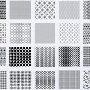 Può includere: Una collezione di 16 motivi geometrici in bianco e nero. I motivi sono disposti in una griglia di quattro righe e quattro colonne. Ogni motivo è unico e presenta un design diverso.