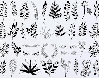 Hand Drawn Leaves SVG Bundle, Plant Clipart (Digital Download)
