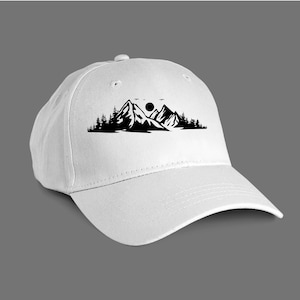 May include: White baseball cap with a black silhouette of mountains, a sun, and trees.
