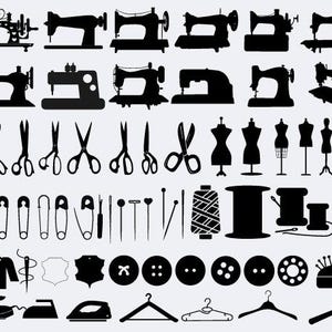 Peut inclure: Ensemble de silhouettes noires d'outils et d'équipements de couture, dont des machines à coudre, des ciseaux, des mannequins, des épingles, des bobines de fil, des boutons et des fers à repasser. Image de conception plate pour projets de couture.