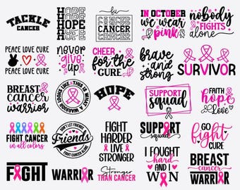 May include: A collection of black and pink graphic designs with text related to cancer awareness. Phrases include "Tackle Cancer," "Hope," "In October We Wear Pink," and "Breast Cancer Warrior." The designs feature pink ribbons and various fonts.