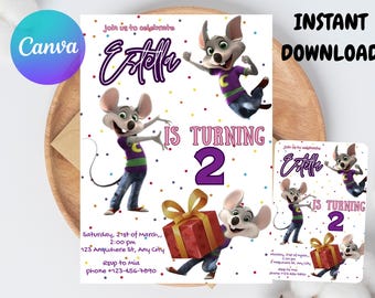 Zaproszenie urodzinowe Chuck E Cheese | Edytowalny szablon Canva (do pobrania cyfrowego)