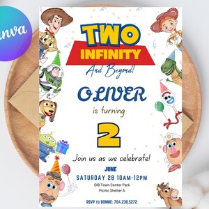 May include: A birthday invitation featuring characters from the Toy Story movie. The invitation says "Two Infinity and Beyond!" and includes the name "Oliver" and the number "2". The date and time of the party are also included.