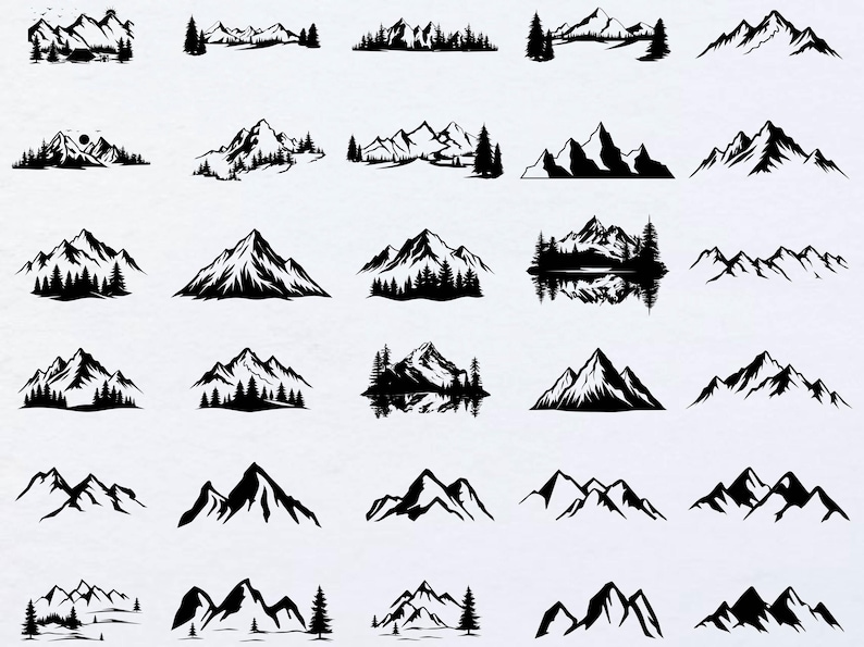 May include: A collection of 20 black and white mountain range silhouette illustrations. The mountains are depicted in various styles, some with trees and some with reflections in a lake.