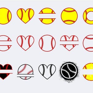 Pode incluir: Gráficos com tema de softball em vários designs. Inclui bolas de softball amarelas, bolas de softball em forma de coração e bolas de softball com designs divididos. Os gráficos apresentam costuras e contornos vermelhos, adequados para projetos esportivos.