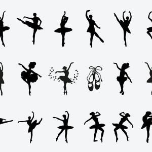 Può includere: Una collezione di immagini di silhouette nere di ballerine in varie pose di danza. Alcune figure indossano tutù e un'immagine mostra un paio di scarpette da ballo. Lo sfondo è bianco.