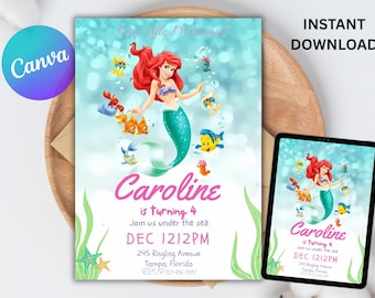 Editable Little Mermaid Birthday Invitation, Ariel Birthday Invitation Template, The Little Mermaid Card, Princess Ariel Digital Invitation