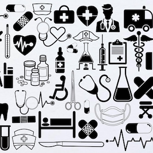 Ensemble d&#39;icônes médicales Clipart SVG médecin infirmière hôpital Silhouette stéthoscope équipement de médecine fichier Cricut usage commercial téléchargement immédiat
