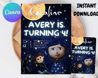 Editable Coraline Birthday Invitation Card, Canva Printable (Digital)