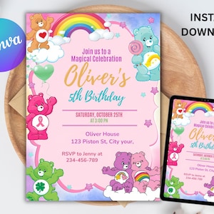 May include: A digital invitation for Oliver's 5th birthday, featuring Care Bears, a rainbow, and the text "Join us to a Magical Celebration." The design includes a pink and blue color scheme, with the words "Instant Download" at the top.