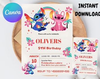 Invito di compleanno Stitch and Angel, invito per festa modificabile (digitale)