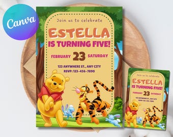 Puede incluir: Una invitación de cumpleaños con Winnie the Pooh y Tigger. La invitación dice "¡ESTELLA CUMPLE CINCO!" con la fecha del 23 de febrero. El diseño incluye una combinación de colores verde y amarillo. El logotipo de Canva está en la esquina superior izquierda.
