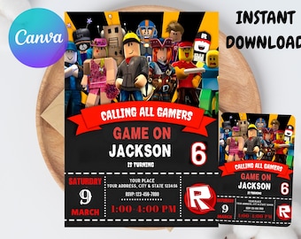 Roblox Birthday Invitation, Game Party Invite, Editable Template (Canva)
