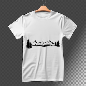 May include: White t-shirt with a black silhouette of a mountain range and trees.