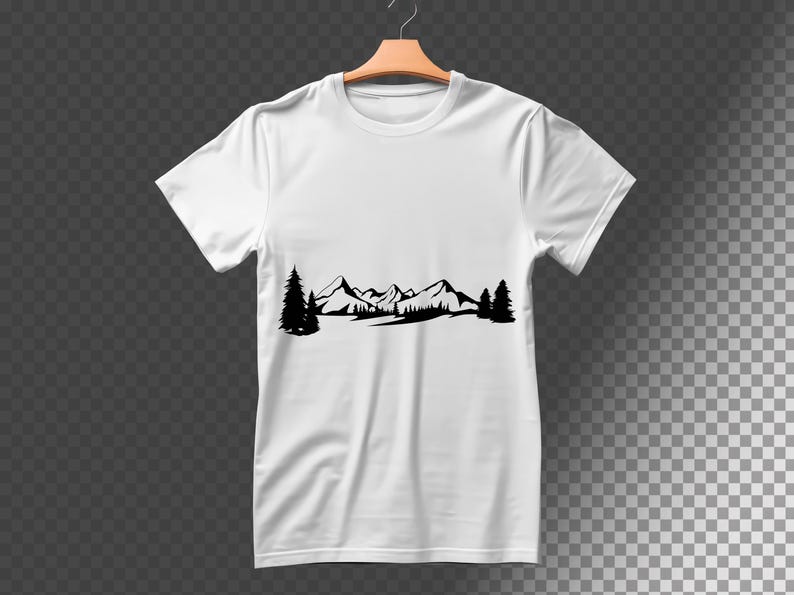 May include: White t-shirt with a black silhouette of a mountain range and trees.
