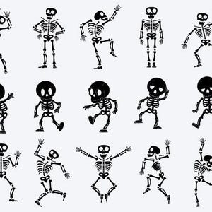 May include: A series of black and white skeleton illustrations in different poses. The skeletons are shown dancing, waving, and standing, with detailed rib cages, skulls, and limbs. The image has a Halloween or Day of the Dead theme.