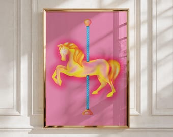 Neon Carousel Horse Poster | Matte Vertical Poster | Pink Riding Horse Wall Art